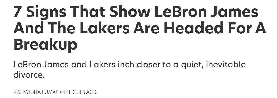 詹姆斯离队倒计时？美媒晒7大分手迹象：湖人态度冷漠+东契奇优先